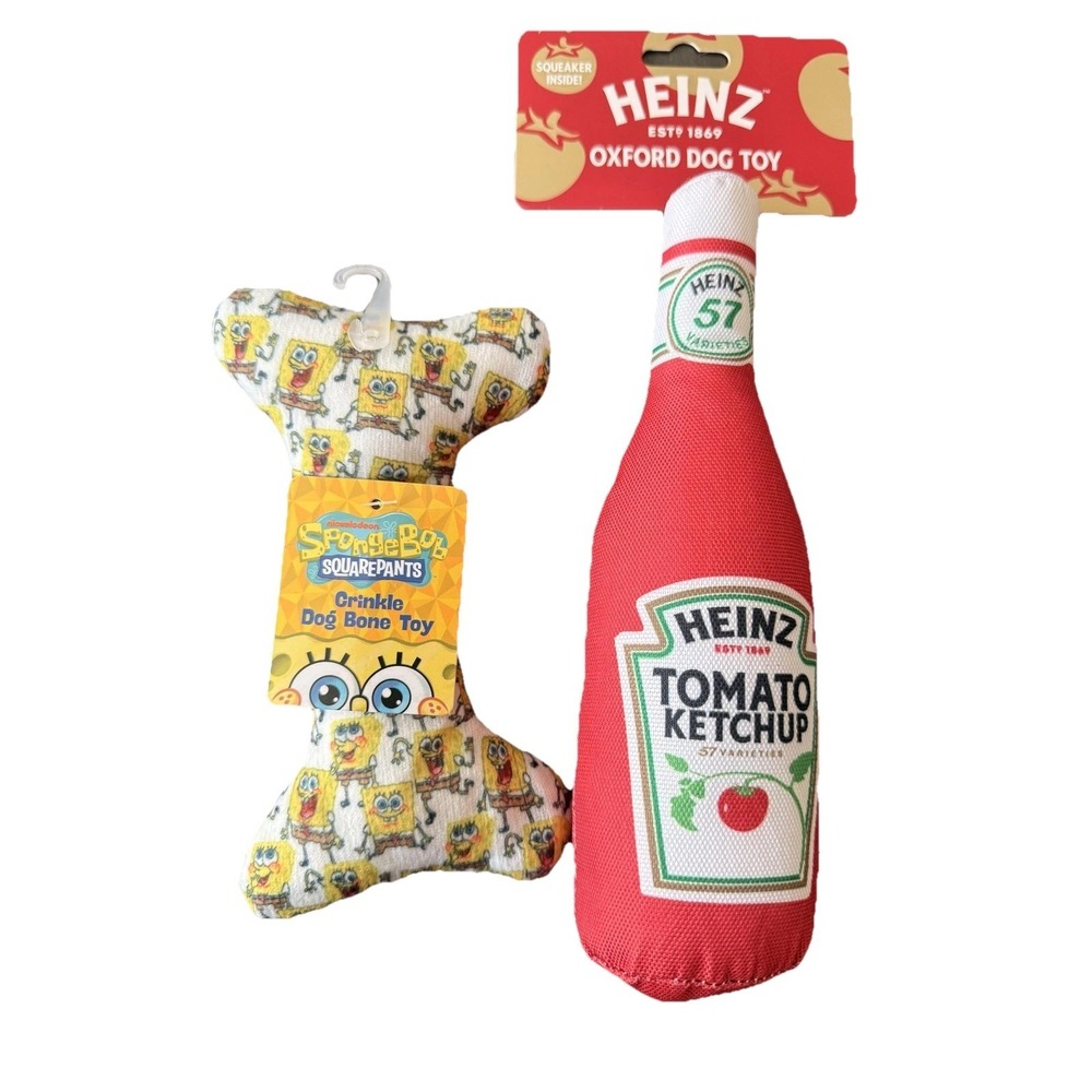 Heinz Nickelodeon SpongeBob Dog Toy Set Ketchup Bottle Crinkle Bone Squeaker New